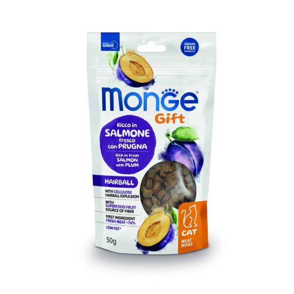 Monge Gift Meat Minis Hairball Cat Salmón y Ciruela 50g